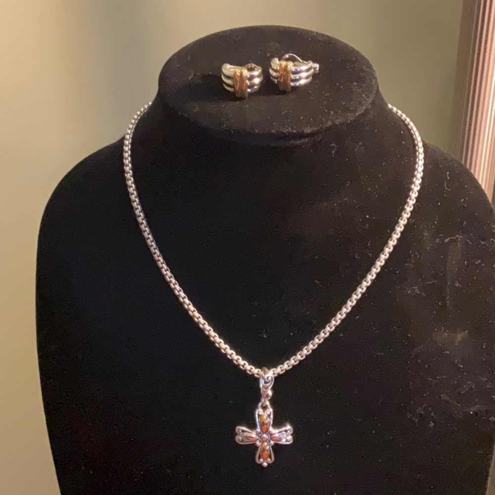 Premier Designs Deborah Silver & Gold Tone Cross Pendant Necklace & earrings